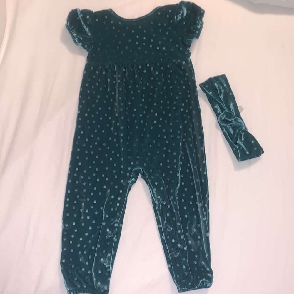 Green Velvet Christmas Romper w/ Headband